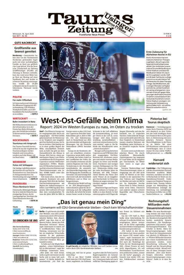 Usinger Neue Presse vom Mittwoch, 16.04.2025